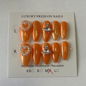 Luxury Orange Press On Nails with Pearl and Rhinestone Accents